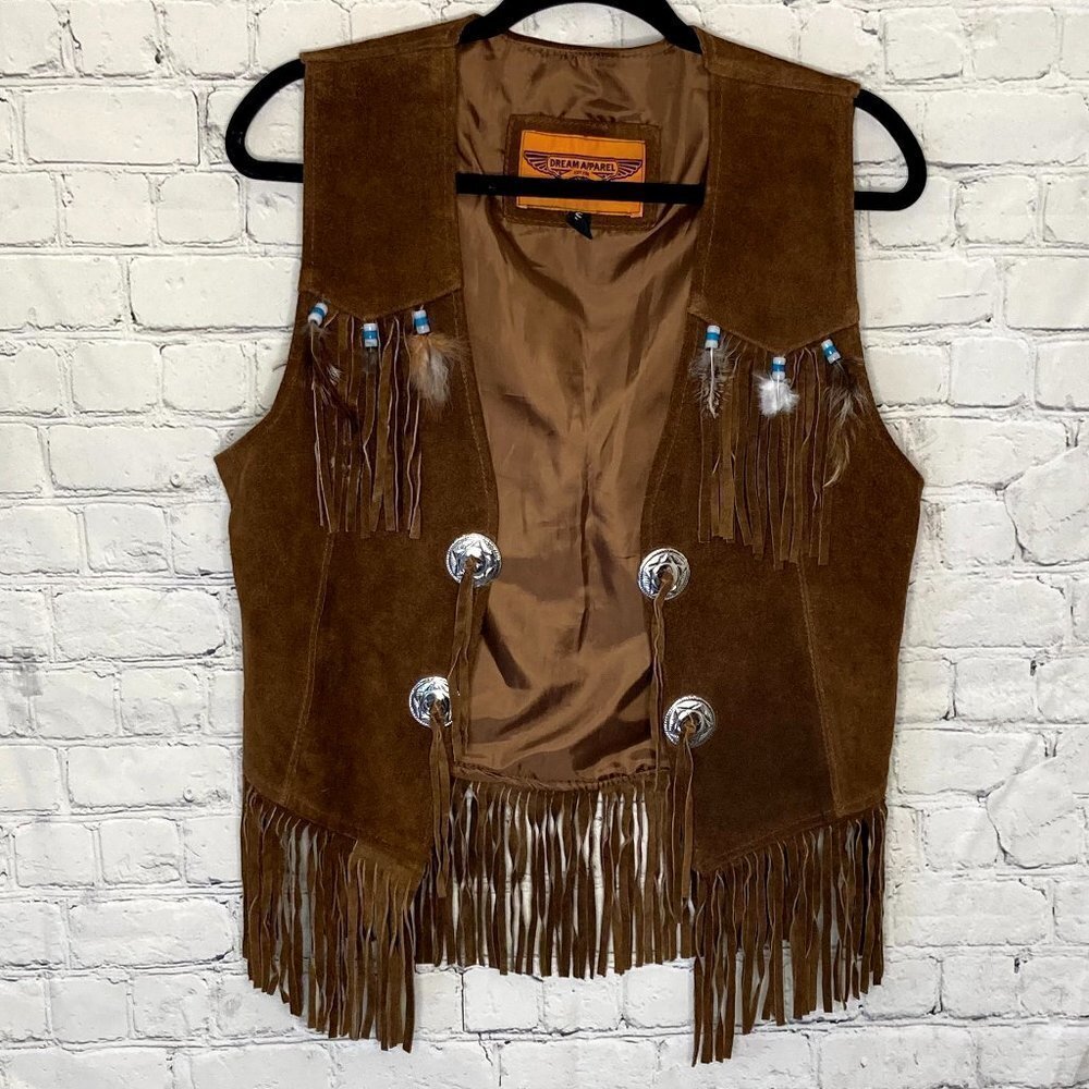 Genuine leather suede vest with feathers